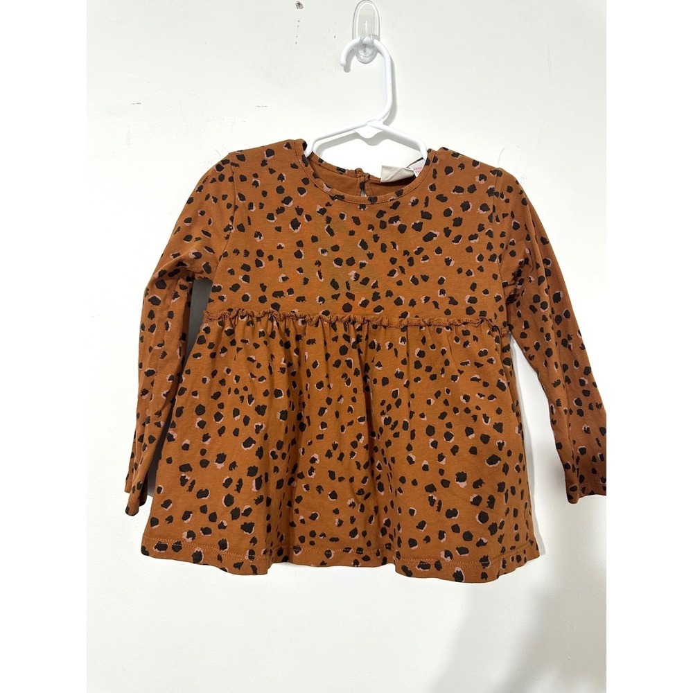 Zara Kids Rust Brown Leopard Print Long Sleeve Babydoll Top Girls Size 18-24M